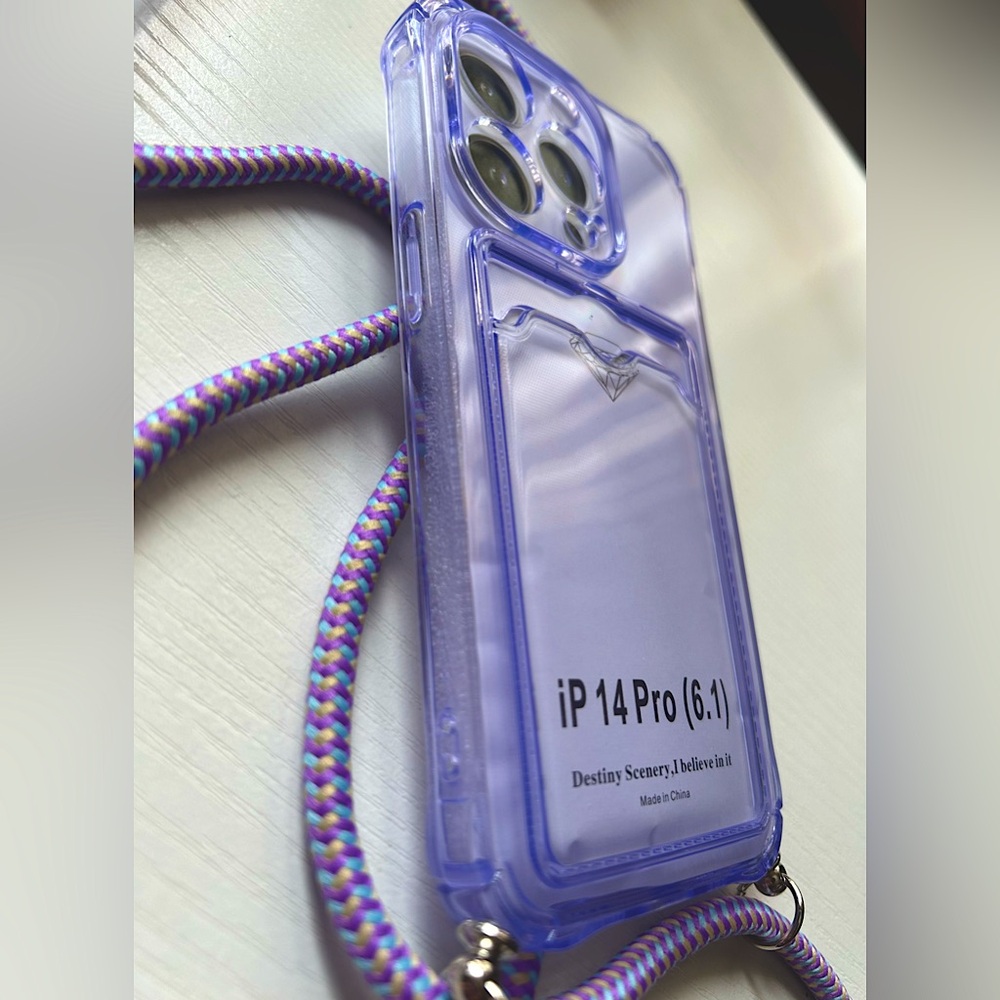 NWOT IPhone 14 Pro case built in card holder crossbody length lanyard purple - Picture 2 of 5